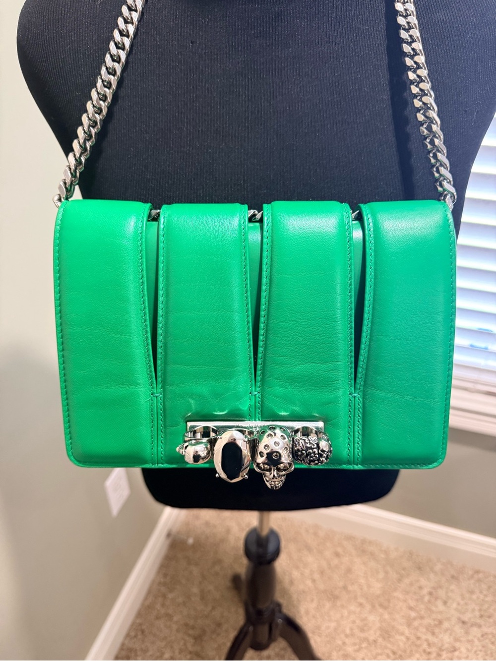 Alexander McQueen The Slash Bag Green Leather Skull Knuckle Clutch